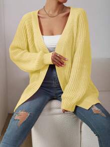 Chiquease Áo len cardigan dài tay màu trơn tối giản cho nữ, mặc thường ngày - Màu vàng - Xem 5