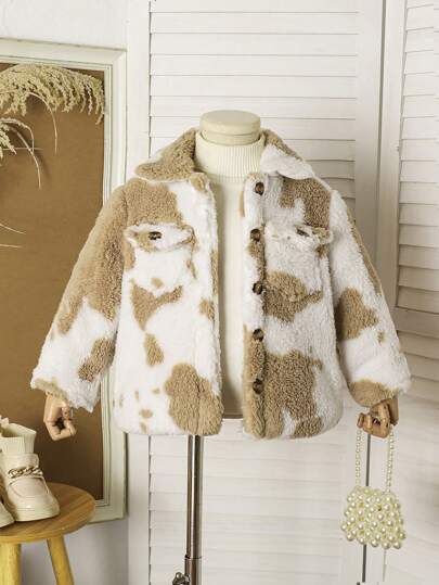 SHEIN Young Girls Winter Thick Retro Double-Sided Polar Print Cow & Flower Pattern Thermal Lined Warm Stand Collar Button Pocket Jacket, Elegant For Formal Occasions