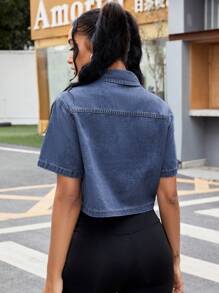 SHEIN ICON Casual Loose Short Sleeve Women's Denim Cropped Shirt, Suitable For Summer Denim Jacket - Dark Wash - View 3