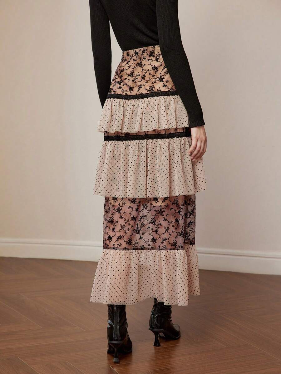 MOTF PREMIUM MESH POLKA DOT AND PLANTS PRINT LAYERED RUFFLE ASYMMETRICAL HEM SKIRT - Coffee Brown - View 2
