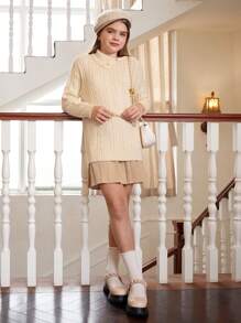 SHEIN Teenage Girl Asymmetrical Fold-Over Collar Mid-Length Sweater, White Chunky Knit Sweater, Autumn Fashion - White - View 3