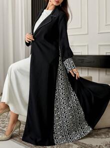 Al Najma 长袖拼色开衫，休闲日常穿着，优雅长款全长翻领长袍，朴素长袍，适合晚会/婚礼嘉宾/周年纪念/日常 - 黑色 - 查看 3