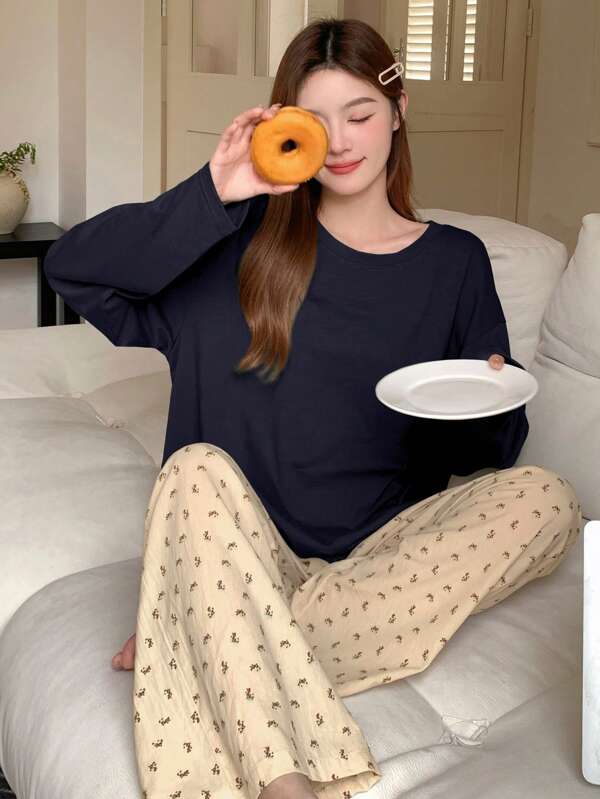 DAZY 2pcs Relaxed Ditsy Floral Top And Pajama Pants Set