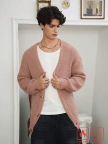 Manfinity Roghcode Men's Solid Color Single-Breasted V-Neck Casual Cardigan, Autumn/Winter - Camel - View 3