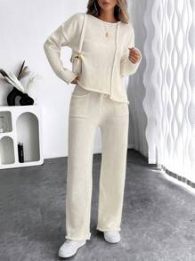 Chiquease 极简主义时尚露肩不对称下摆宽松毛衣和直筒裤套装带口袋，适合秋冬季的欧洲风格 - 米色 - 查看 4