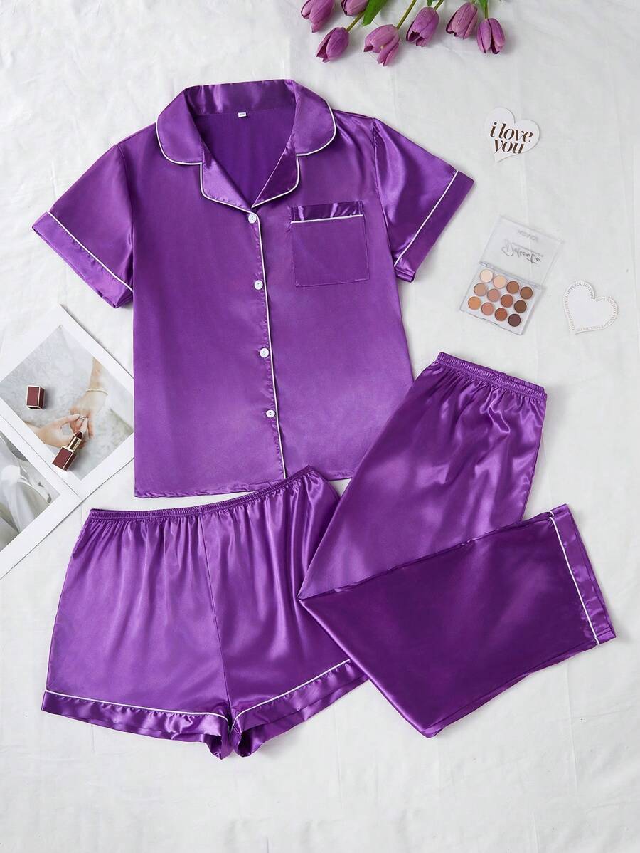 LuxeNights Conjunto de pijama de 3 piezas de unicolor de talla grande de satén sintético, conjunto de ropa - Morado - Ver 1