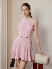 MOTF PREMIUM FAUX PEARL TRIM BOW BELTED FLOWY HEM SHORT DRESS - Red - View 2