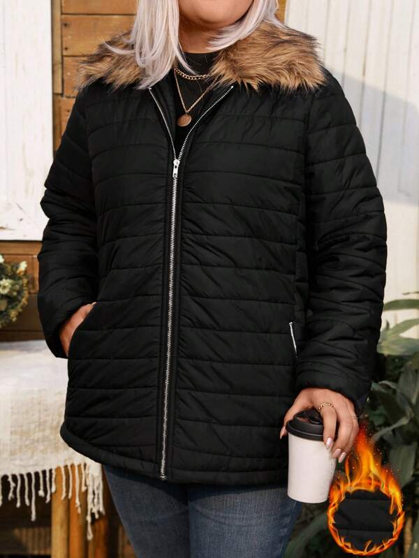 Plus Size Solid Color Zipper Fluffy Patchwork With Pockets Long Sleeve Padded Coat