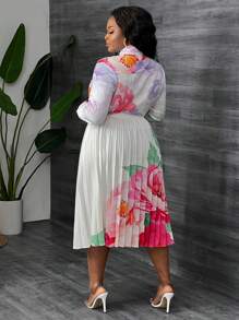 SHEIN CURVE+ 女款大尺碼花卉印花襯衫與百褶裙套裝 - 彩色 - 查看 2