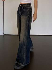 DAZY 女式镶钻喇叭牛仔裤 - 深色水洗藍 - 查看 6