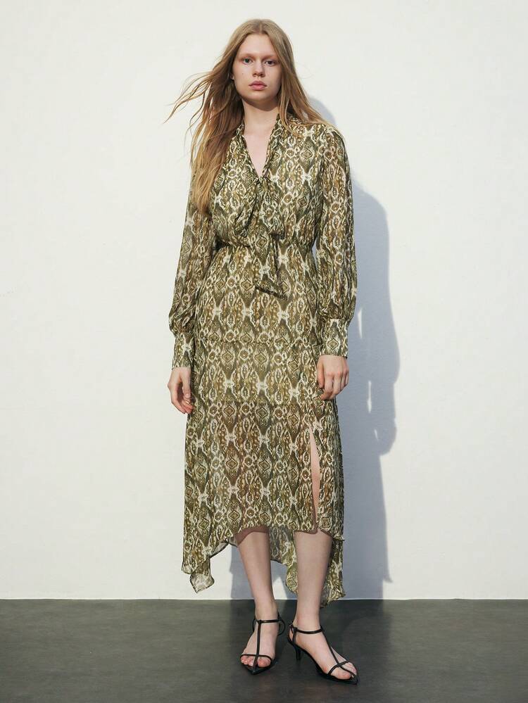SHEIN Maija Vestido elegante con cuello anudado, abertura lateral y bajo con estampado total para mujer
