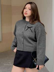 Dazy Petite Plus Cardigan de malha plus size de cor sólida com decoração de laço, primavera e outono, para inverno, roupas femininas de outono - Cinza - Ver 9