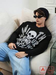 Manfinity Hypemode Skull & Letter Print Crew Neck Long Sleeve Knitted Sweater