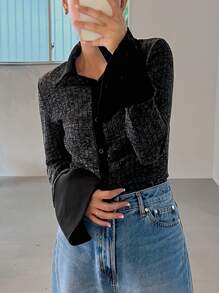 FRIFUL Women's Spring Autumn Ribbed Long Sleeve Buttoned Form-Fitting Contrast Color T-Shirt