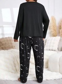 大码柔软日月印花长袖上衣和裤子睡衣套装，舒适保暖，秋冬服装 - 黑色 - 查看 2