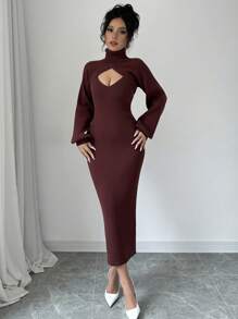 Rafferiza V-Neck Sleeveless Sweater Dress + High Neck Cropped Lantern Sleeve Pullover Sweater Set - Rust Brown - View 4