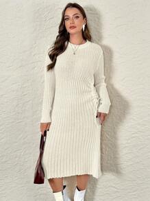 SHEIN Privé Plus Size Women's Solid Color Round Neck Long Sleeve Drawstring Casual Sweater Dress - Apricot - View 3