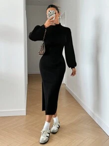 SHEIN EZwear Women's Solid Color Stand Collar Long Sleeve Split Hem Knit Sweater Dress, Casual - Black - View 4