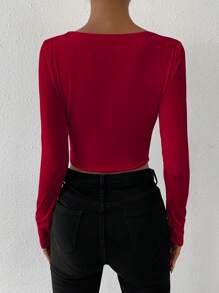 Chiquease Solid Color Crew Neck Sexy Slim Fit Long Sleeve T-Shirt - Burgundy - View 2