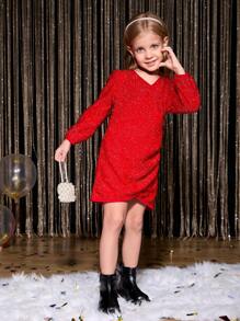 Vestido curto de manga comprida com decote em V para meninas, elegante festa de Natal vermelha festiva, design de alta qualidade, alta visibilidade, vestido de festa de aniversário luxuoso francês premium, mamãe e eu assimétrico