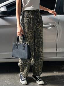DAZY 女士宽松九分纯色牛仔哈伦裤猎豹纹印花女式牛仔裤 - 棕色 - 查看 3