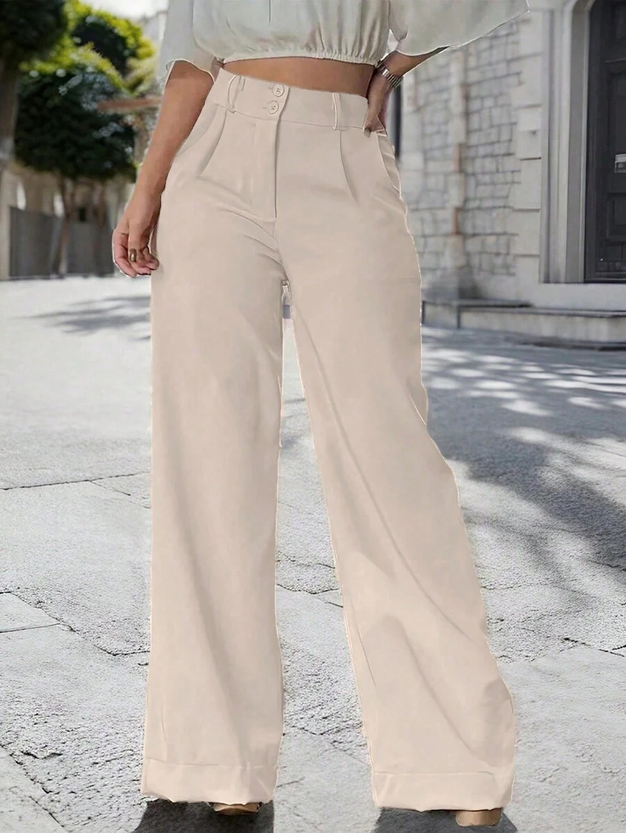 SHEIN Clasi Women Solid Color Pleated Wide Leg Loose Casual Work Pants Fall Cloth For Women - Khaki - View 1