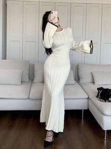 Feyla 女士优雅长喇叭袖针织毛衣连衣裙，秋冬