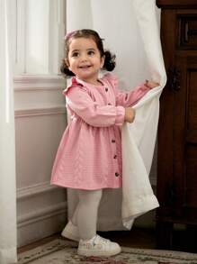 Cozy Pixies Baby Girl Wheat Ear Pattern Round Neck Ruffle Hem Long Sleeve Waist Dress - Pink - View 11