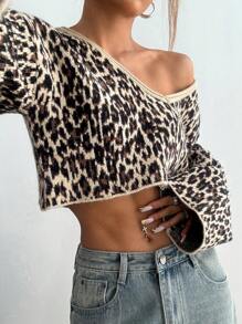 Flirla Leopard Sexy Sweater For Women, Casual Daily Wear,Long Sleeve Tops, Knit Pullover Fall Winter - Multicolor - View 6