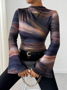 Calvaya Tie-Dye Print Asymmetric Pleated Collar Flared Sleeve T-Shirt Graphic Tees Women Tops