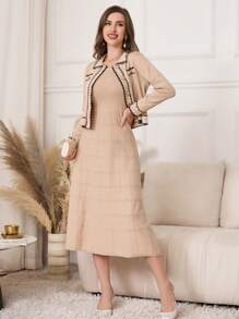 Modelyn 2 件女式撞色饰边前纽扣长袖夹克和无袖圆领连衣裙优雅毛衣套装 2 件套 - 杏色 - 查看 6