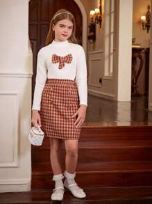 2 piezas Conjunto casual de niña preadolescente con blusa de manga larga con cuello y decoración de corbata de moño a cuadros, y falda mini de pata de gallo, primavera/otoño - Multicolor - Ver 7