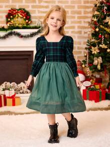 Young Girl Plaid Print Square Neck Long Sleeve Dress - Dark Green - View 4