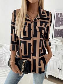 Chiquease Áo sơ mi dài tay thường ngày in toàn bộ, khuy cài phía trước, xẻ tà - màu đen - Xem 5