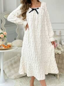 女士纯色蝴蝶结装饰长袖休闲家居服连衣裙，适合秋冬季节，舒适保暖，蓬松柔软 - 白色 - 查看 5