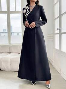 Al Najma 1 件女士 3D 花朵装饰长袍，单纽扣，优雅长款全长奢华适度长袖长袍，适合晚会/婚礼嘉宾/周年纪念，长袍 - 黑色 - 查看 5