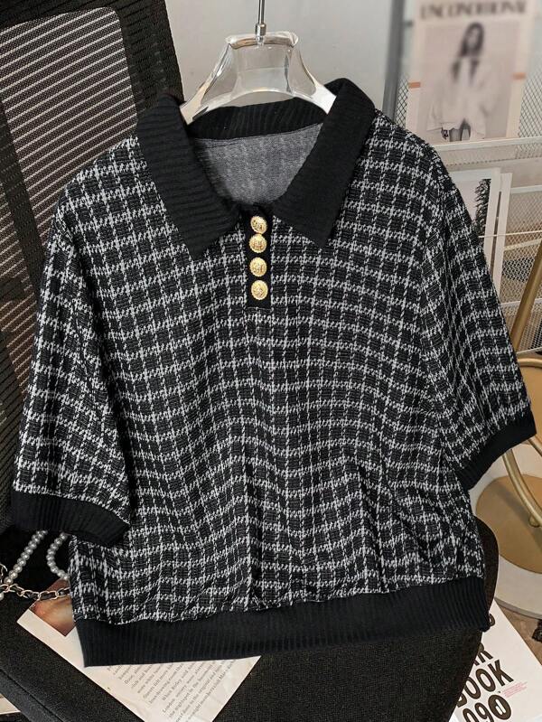 Mulvari Plus Size Women Summer Plaid Polo Collar Short Sleeve Casual Loose T-Shirt Graphic Tees Women Tops