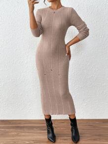 SHEIN Clasi Women's Slim Fit Ribbed Hole Long Sweater Dressbusiness Casual Woman,Work Wear,Fall Wedding Guest Dress, - Khaki - View 6