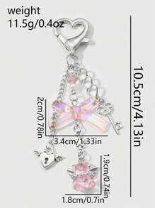 ROMWE Kawaii 1 件简约时尚银色心形空心链钥匙和锁，带粉色透明蝴蝶结仿珍珠泰迪熊吊坠钥匙扣，适合女士和女孩，日常佩戴或礼物