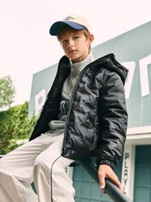 SHEIN Abrigo casual acolchado con capucha con cremallera y textura para niño preadolescente