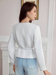 Vintamour Áo khoác nữ thanh lịch cổ điển Áo khoác vải dệt có họa tiết Cổ tròn Tay dài Nút kim loại Nơ thắt lưng Quần áo đi làm thường ngày Quần áo mùa thu cho nữ Quần áo Giáng sinh cho nữ Quần áo mùa đông cho nữ Trang phục mùa thu cho nữ Áo khoác mùa đông cho nữ Áo mùa thu cho nữ - trắng - Xem 2