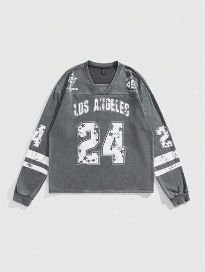 ROMWE Avant Sweat-shirt décontracté à col en V, imprimé lettre, épaules tombantes, manches longues pour hommes, automne/hiver