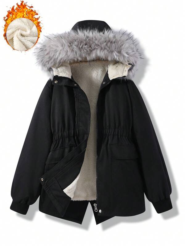 Jaqueta casual com capuz e acabamento em sherpa com zíper para meninas adolescentes