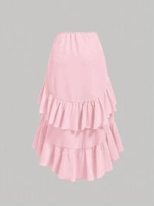 SHEIN MOD Váy mùa hè màu kem mơ cho nữ có viền cao thấp, xếp lớp xếp nếp có dây rút, váy dự tiệc, váy Boho, váy ăn trưa - Hồng - Xem 2