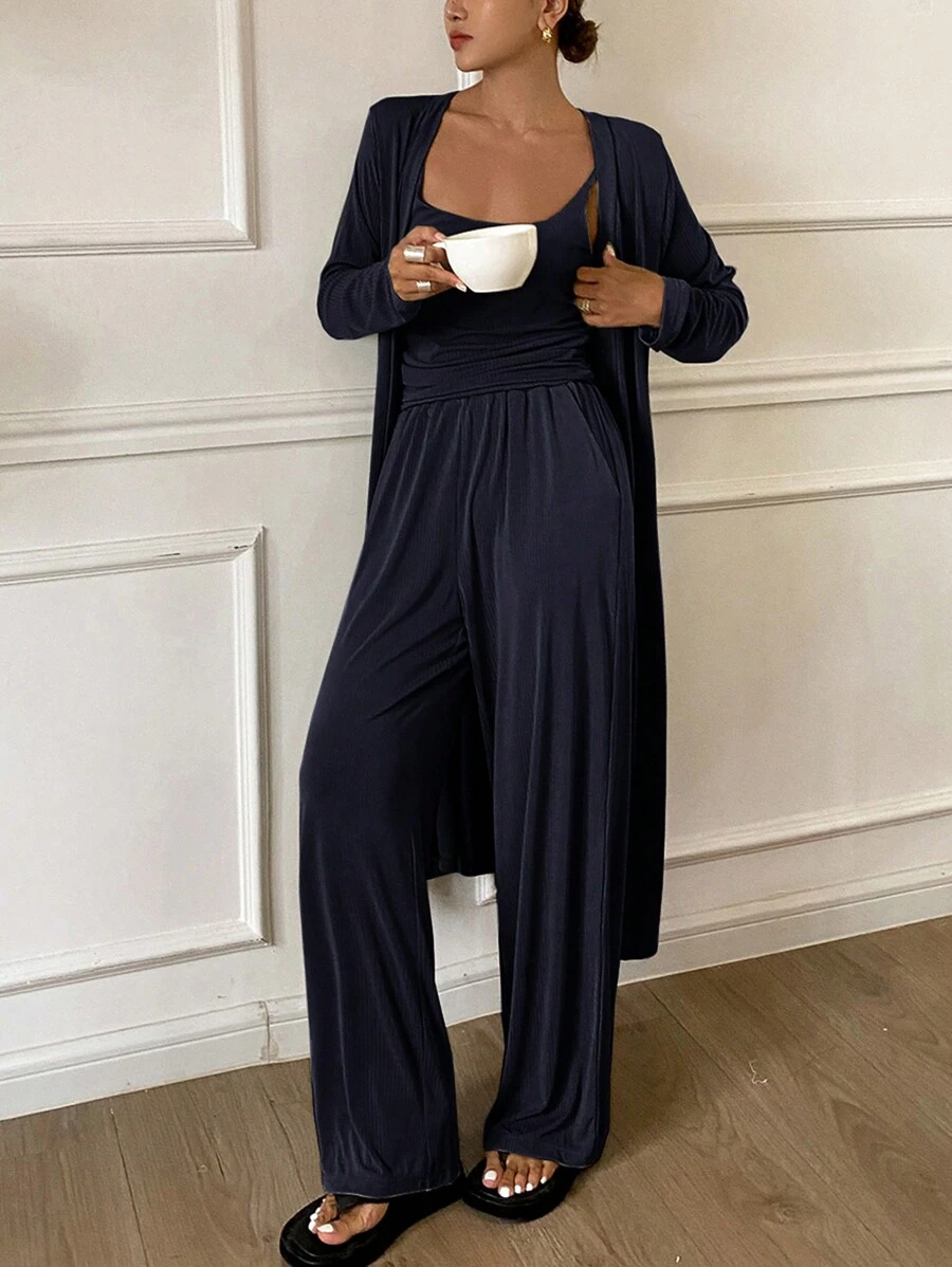 DAZY 3pcs Minimalist Camisole Top & Robe & Pants Loungewear Set, Fall Winter Clothes, Cozy Outfit - Navy Blue - View 1