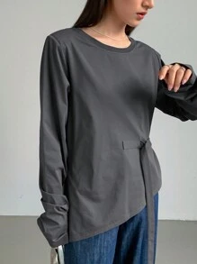 FRIFUL Women's Solid Color Long Sleeve Drawstring Waist Slim Fit T-Shirt