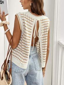 SHEIN Frenchy Chaleco de punto sin mangas con cuello redondo, espalda con lazo y diseño de rayas para mujer, casual para uso diario