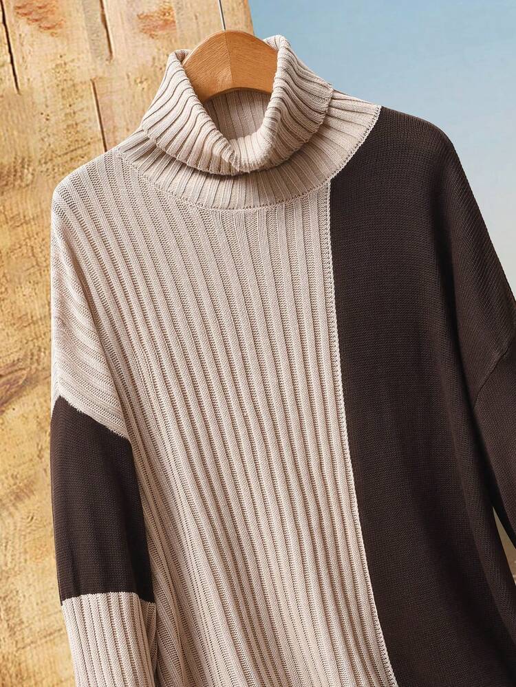 Women's Loose Fit Color Block Turtleneck Long Sleeve Casual Sweater, Autumn/Winter