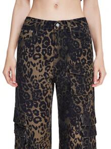 ROMWE Hippie Women's Fashion Leopard Print Denim Jeans With Pockets - Multicolor - View 6