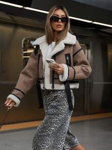 GENKIRA 蓬松内衬加厚保暖夹克，配腰带双面外套，仿皮飞行员夹克，带博格衬里 - 卡其色 - 查看 2